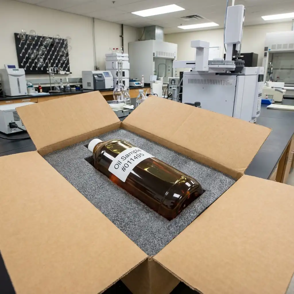Oil Testing Analysis PET bottle laying down flat in a shipping box. The bottle is surrounded by foam to prevent it from being damaged in transport.