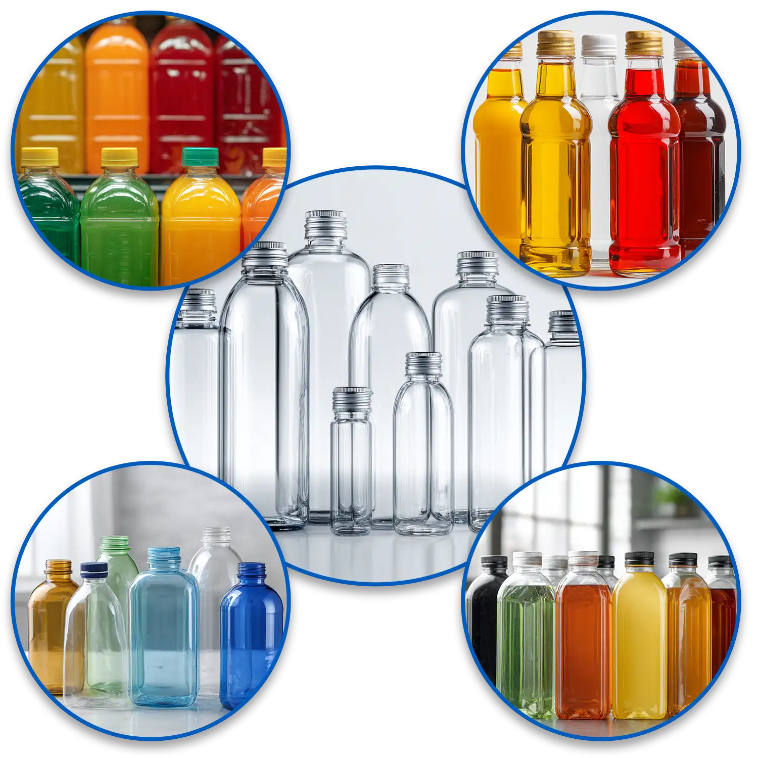 Custom Food Packaging PET Bottles shown in a infographic style image.