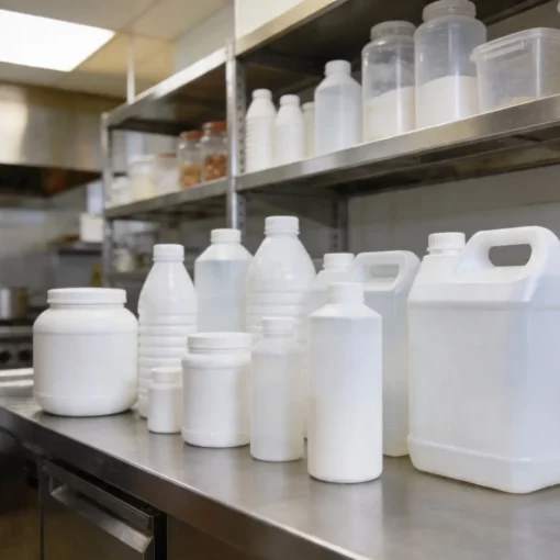 Assorted white hdpe plastic bottles in kitchen. Food Grade Plastic Bottles