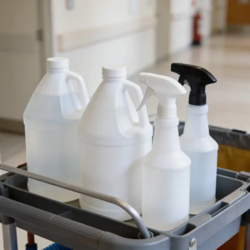 Chemical HDPE Bottles on Janitorial Cart - Chemical Packaging Solutions from Indiana Bottle Company.