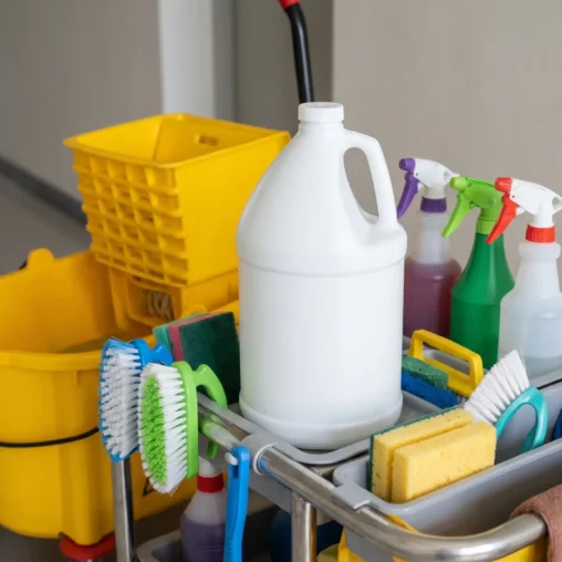 Plastic hdpe Handleware jug on a Janitorial cart