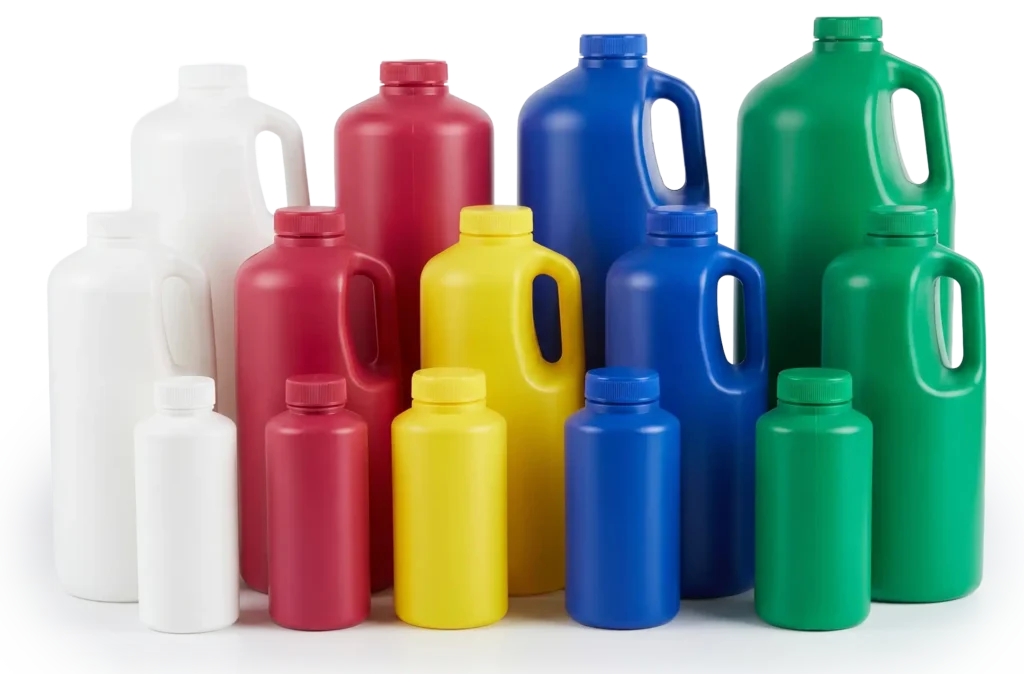 assorted colors of plastic handleware bottles and jugs