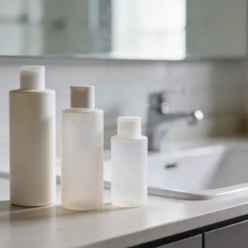 hdpe plastic cosmetic bottle packaging on top of bathroom vanity.